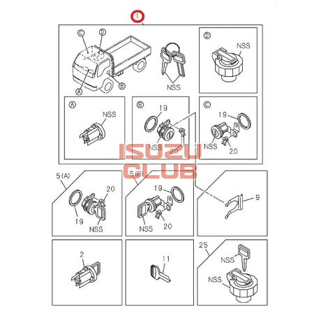 Схема Комплект замков зажигания и дверей с ключами ISUZU NQR75 =Isuzu Original= *8972596971*
