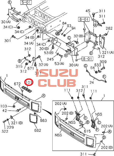 Схема Накладка резиновая бампера ISUZU FVR34 верхняя левая =Isuzu Original= *8976115430*
