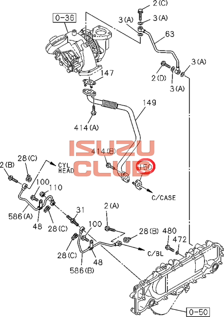 Схема Прокладка трубки слива масла от турбины к блоку двигателя 4JJ1 =Isuzu Original= *8980294760*