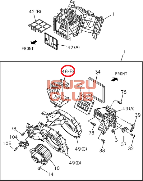 Схема Корпус отопителя верхний (левая часть) ISUZU FSR90/FVR34 =Isuzu Original= *8980774150*