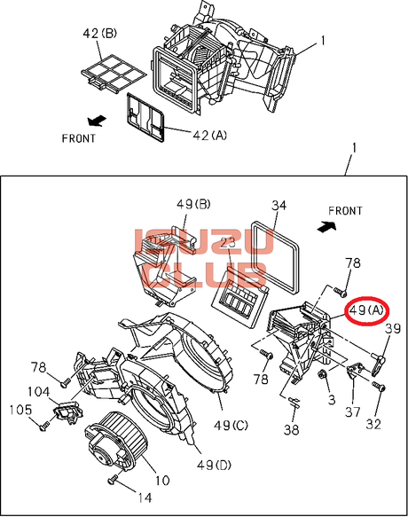 Схема Корпус отопителя верхний (правая часть) ISUZU FSR90/FVR34 =Isuzu Original= *8980774160*