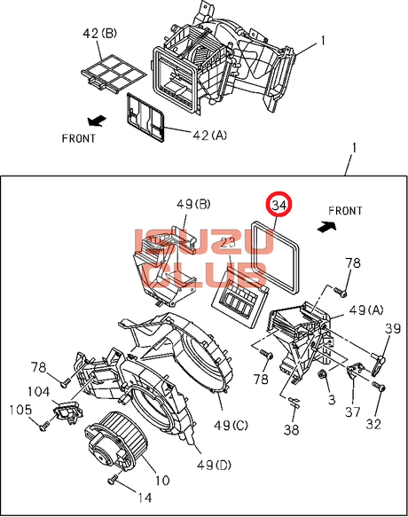 Схема Накладка поролоновая корпуса отопителя ISUZU FSR90/FVR34 =Isuzu Original= *8980964530*