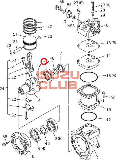 Схема Подшипник однопоршневого компрессора ISUZU CYZ51 6WF1 =Isuzu Original= *8981716720*