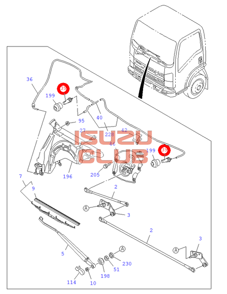 Схема Форсунка стеклоочистителя лобового стекла ISUZU NLR85/NMR85/NPR75/NQR90 =Isuzu Original= *8980291391*
