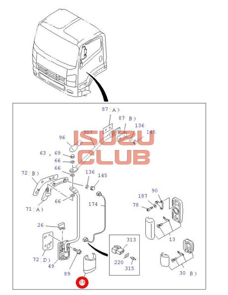 Схема Крышка нижняя кронштейна левого зеркала (A) ISUZU N-F серии =Isuzu Original= *8980318032*