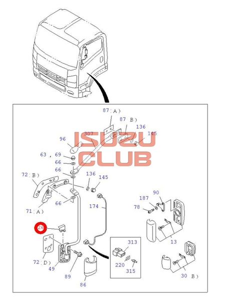 Схема Крышка кронштейна левого зеркала нижняя (B) ISUZU N-F сериии =Isuzu Original= *8980318060*