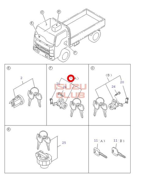Схема Личинка замка левой двери с ключом N-F серия =Isuzu Original= *8982013440*